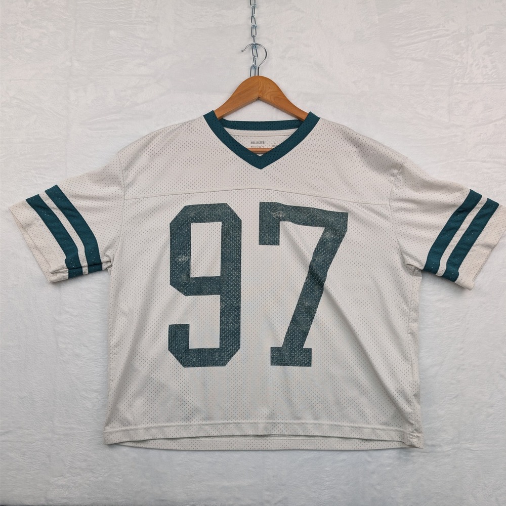 Hollister Jersey Men's L White Teal Mesh Boxy Crop 97 Graphic Blokecore Football